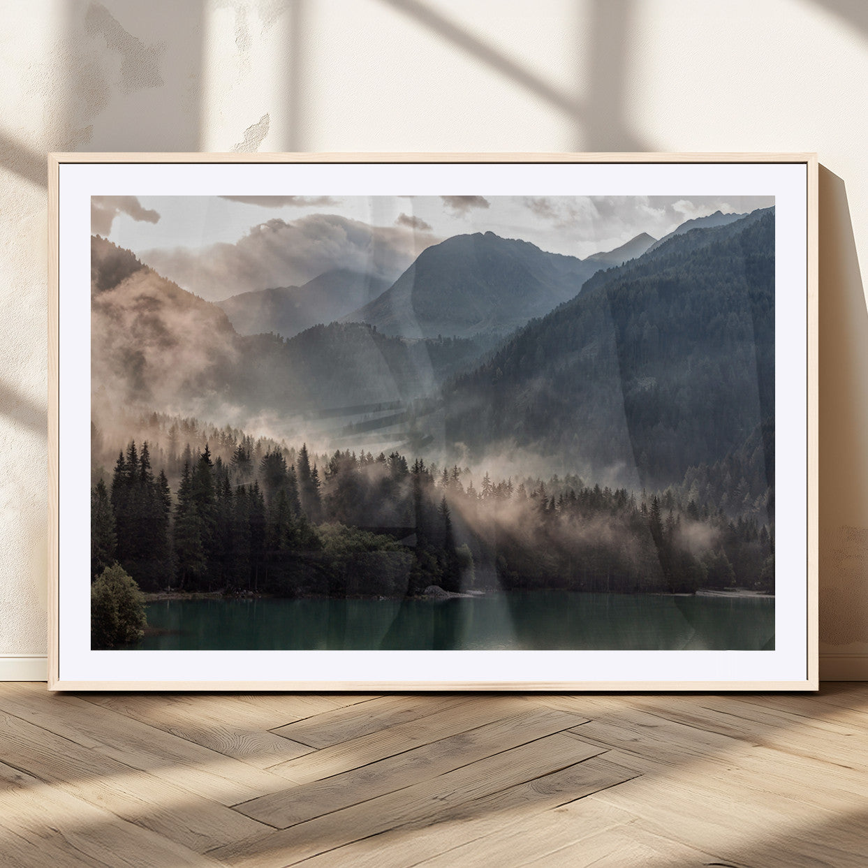 64758-MGV-CV-36X24-Misty Mountains Wall Art Canvas Print, Framed Moody Pines Art Picture Print, Forest Lake Perfect Moody Alpine Decor Artwork