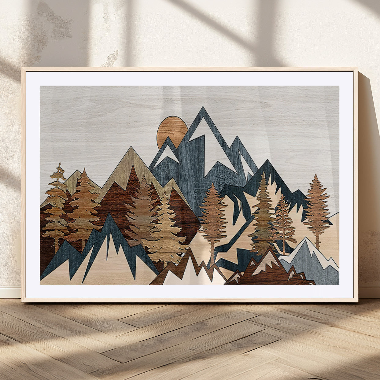 80300-MGV-CV-36X24-Geometric Mountains Wall Art Canvas Print, Framed Stylized Trees Art Picture Print, Graphic Forest Perfect Rustic Abstract Decor