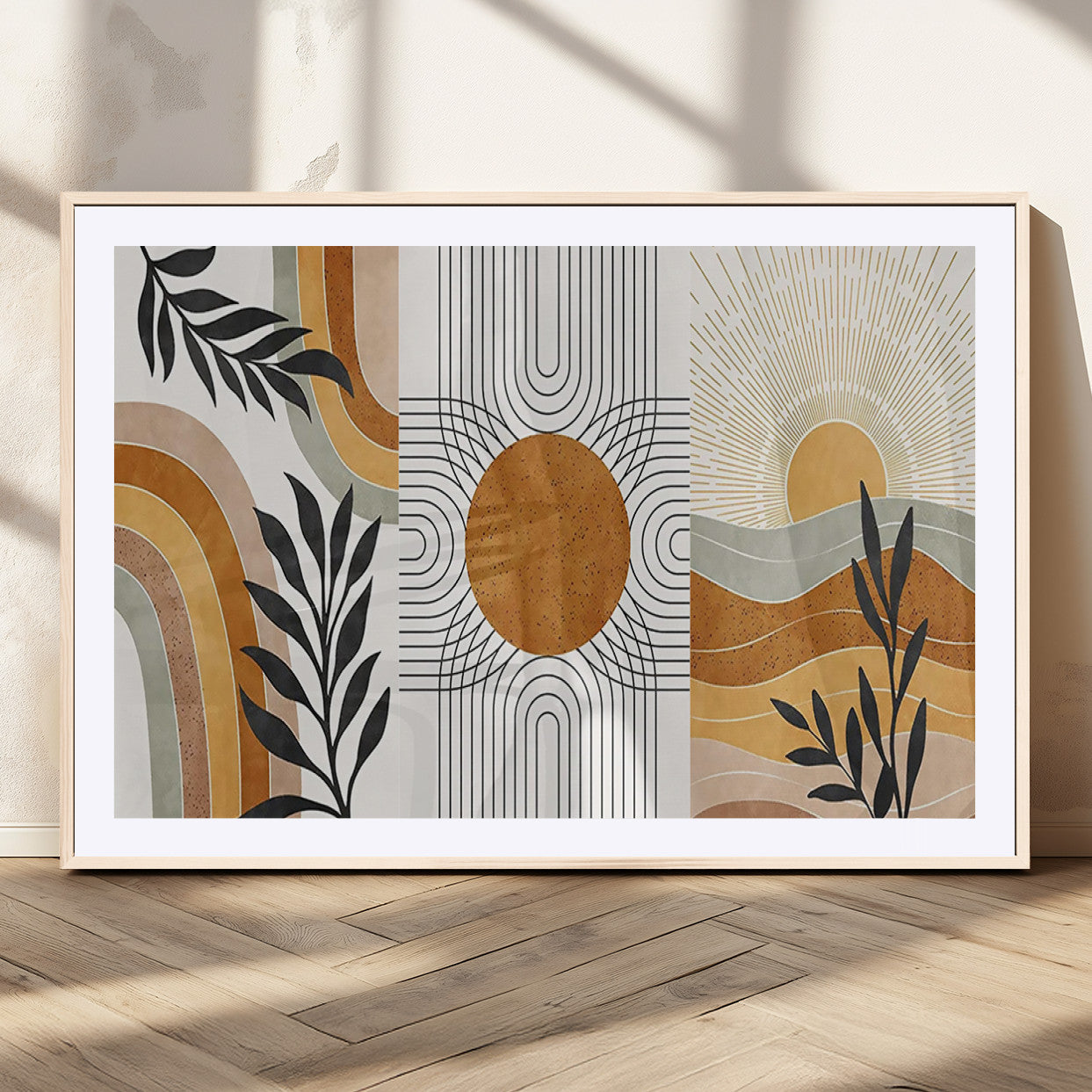 32359-MGV-CV-36X24-Modern Sun Wall Art Canvas Print, Framed Retro Horizon Art Picture Print, Sunburst Design Perfect Mid Century Boho Decor Artwork