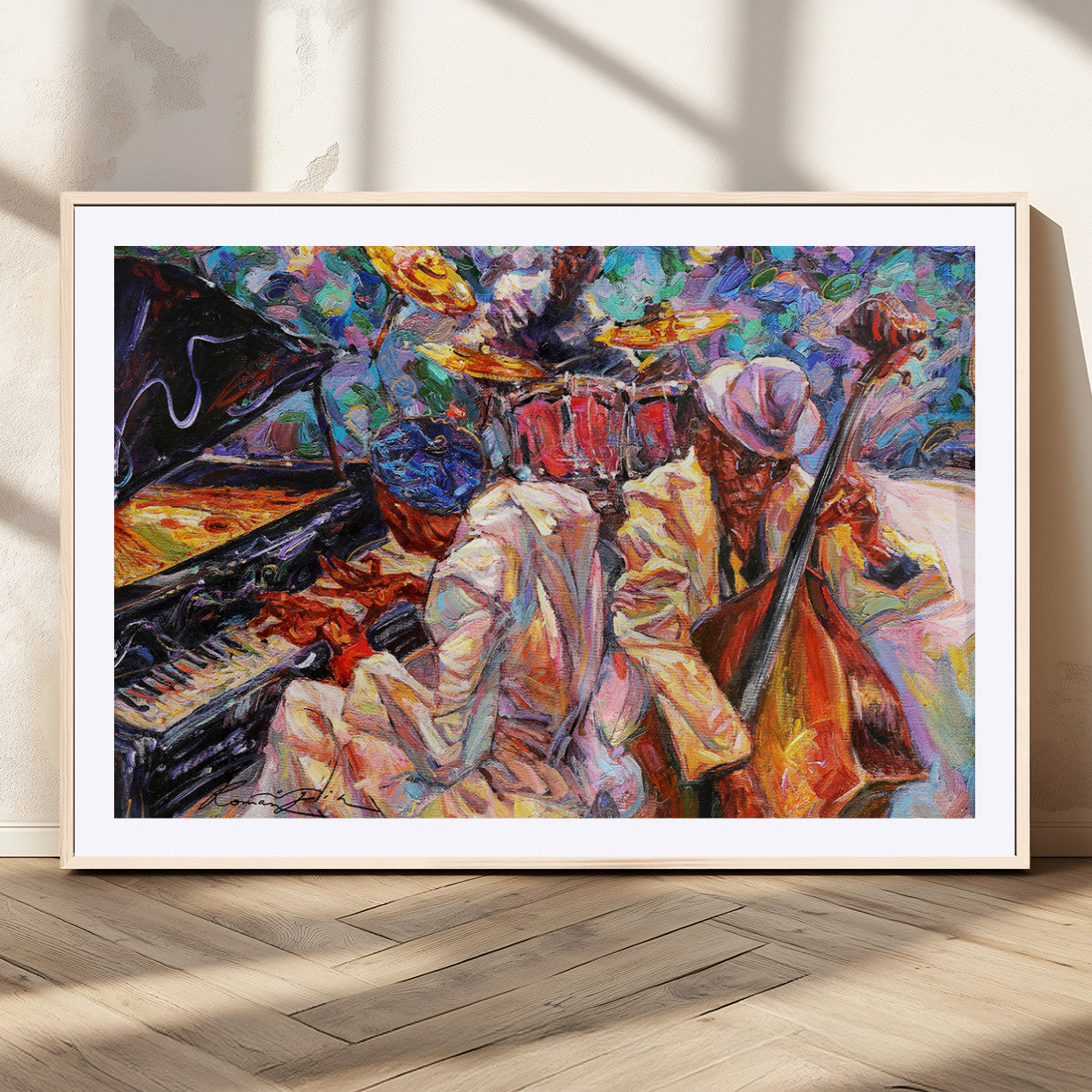 13675-MGV-CV-36X24-Jazz Band Wall Art Canvas Print, Framed Jazz Oil Painting Art Picture Print, Vibrant Music Perfect Abstract Musical Decor Artwork