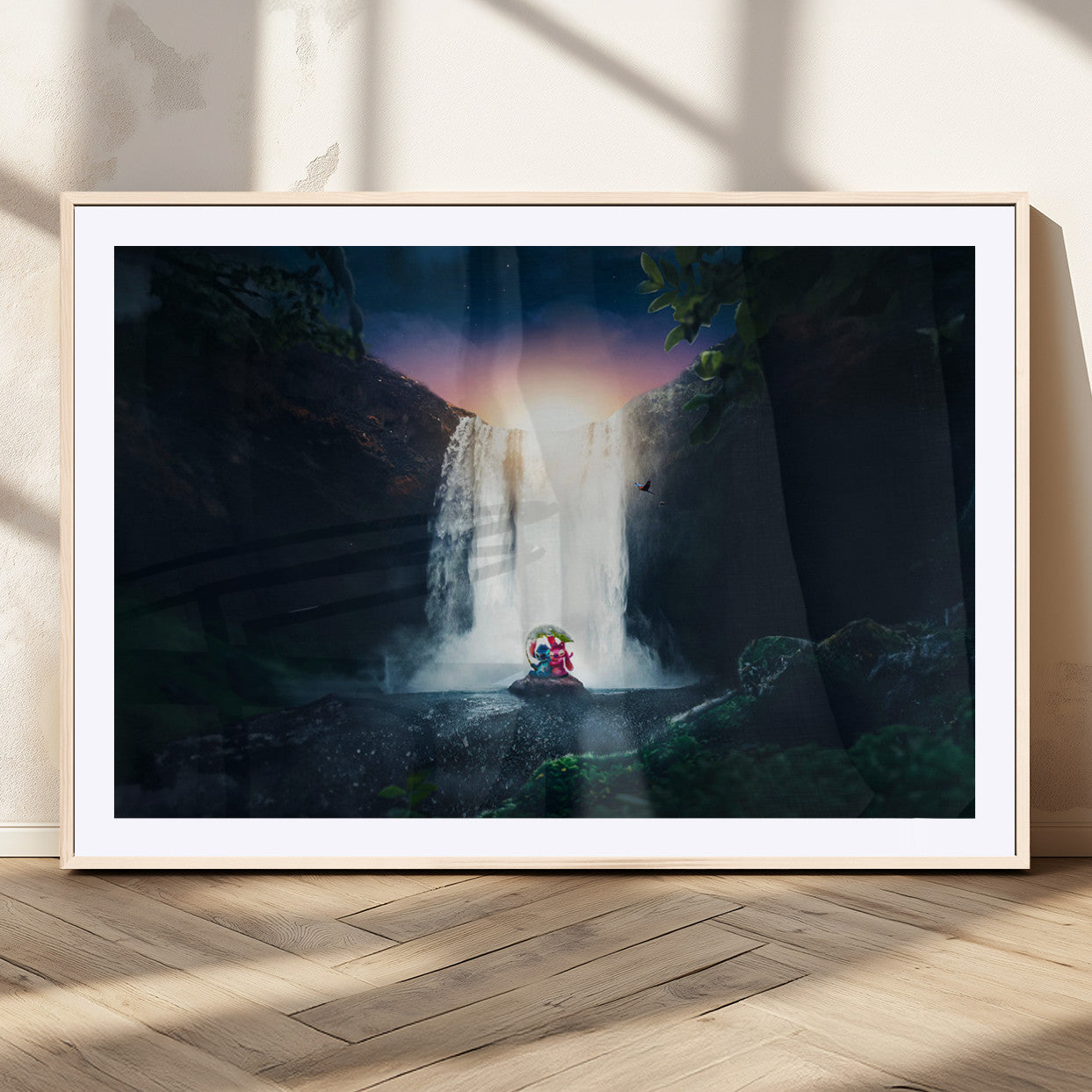 56359-MGV-CV-36X24-Lilo Stitch Wall Art Canvas Print, Framed Stitch Angel Art Picture Print, Cartoon Waterfall Perfect Tropical Fantasy Decor Artwork