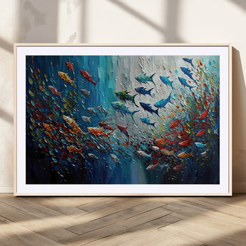 89626-MGC-FP-36x24_Natural-Fish Swarm Wall Art Canvas Print, Framed Abstract Ocean Art Picture Print, Underwater Life Perfect Vibrant Coastal Decor Artwork