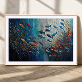 89626-MGV-CV-36X24-Fish Swarm Wall Art Canvas Print, Framed Abstract Ocean Art Picture Print, Underwater Life Perfect Vibrant Coastal Decor Artwork