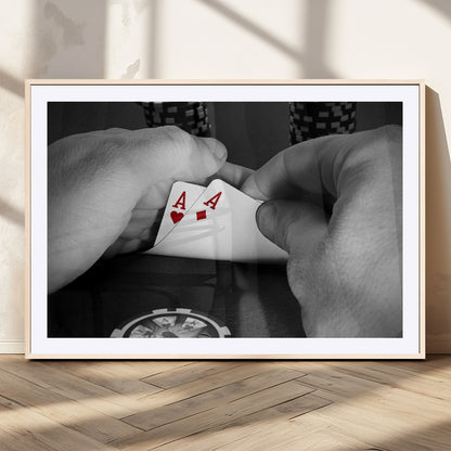62460-MGC-FP-36x24_Natural-Poker Game Wall Art – Close Up of Hands Holding Aces with Chips, Casino Style Decor for Game Room, Man Cave or Office