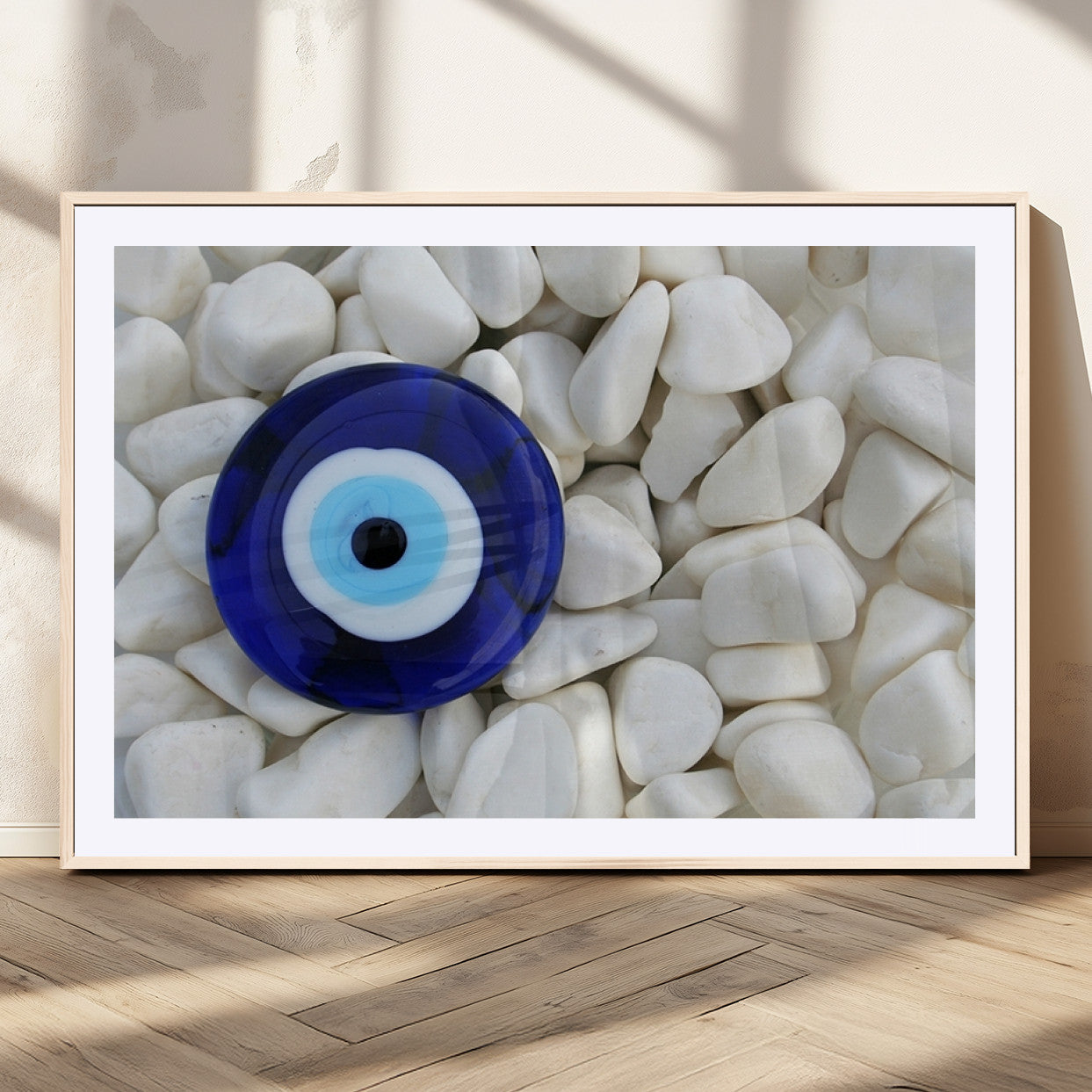 48883-MGC-FP-36x24_Natural-Evil Eye Wall Art – Deep Blue Symbol of Presence and Calm on White Stones, Subtle Spiritual Decor for Entryway, Studio, Office or