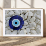 48883-MGC-FP-36x24_Natural-Evil Eye Wall Art – Deep Blue Symbol of Presence and Calm on White Stones, Subtle Spiritual Decor for Entryway, Studio, Office or