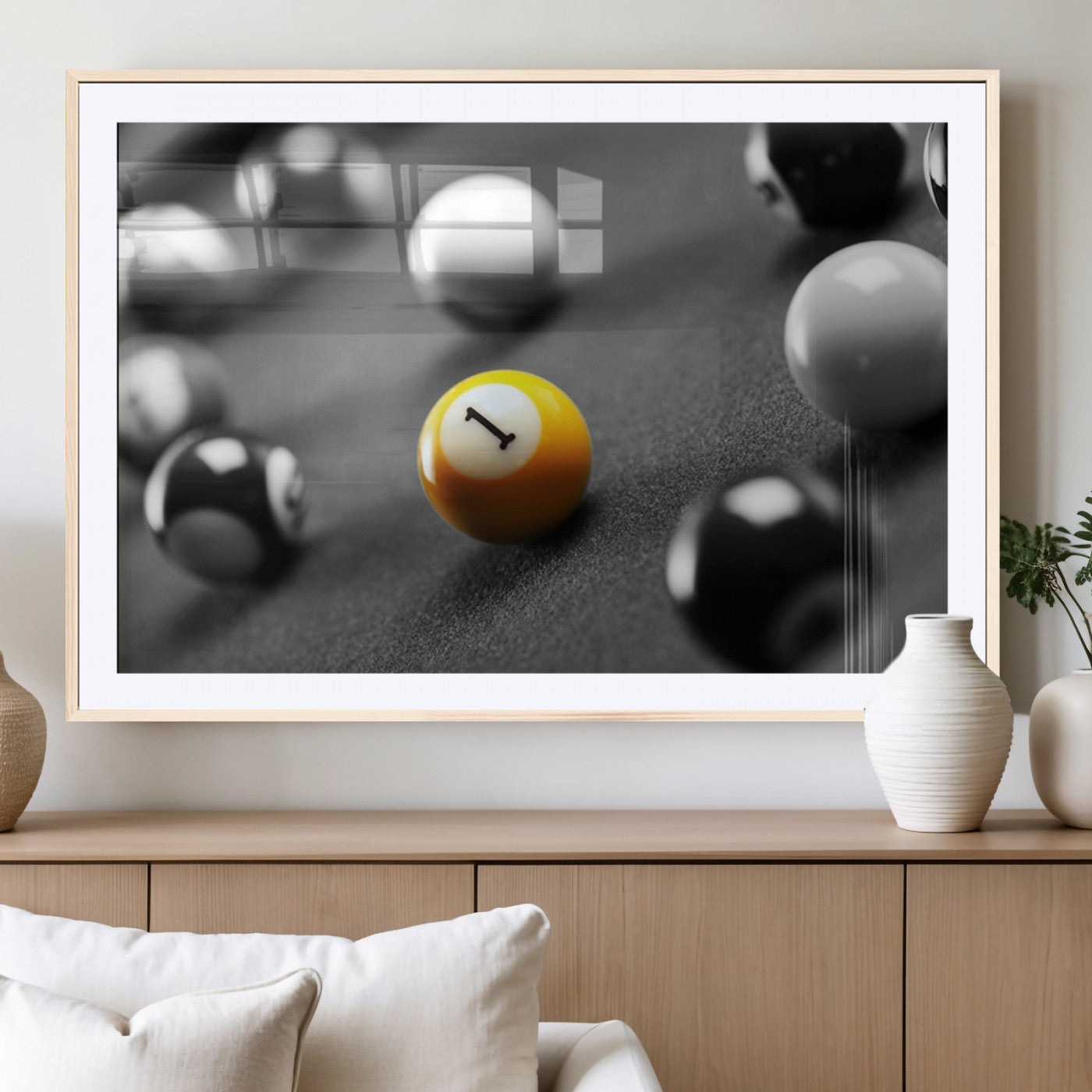 52108-MGV-CV-36X24-Precision Pool Table Wall Art – Close Up Yellow 1 Ball Canvas Print, Hand-Played Billiards Game Decor for Office, Game Room, or