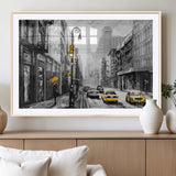 32362-MGV-CV-36X24-NYC Street Wall Art – Black and White Cityscape with Yellow Taxis and Umbrella Canvas Print, Urban Home Decor for Living Room or
