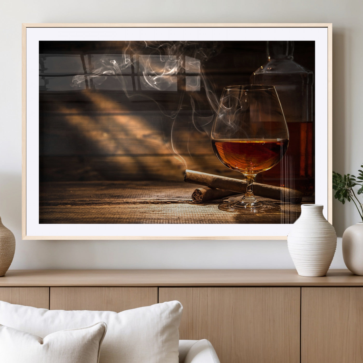 92305-MGC-FP-36x24_Natural-Whiskey & Cigar Wall Art – Moody Whiskey and Cigar Canvas Print, Sophisticated Bar or Home Lounge Decor for Office, Man Cave or