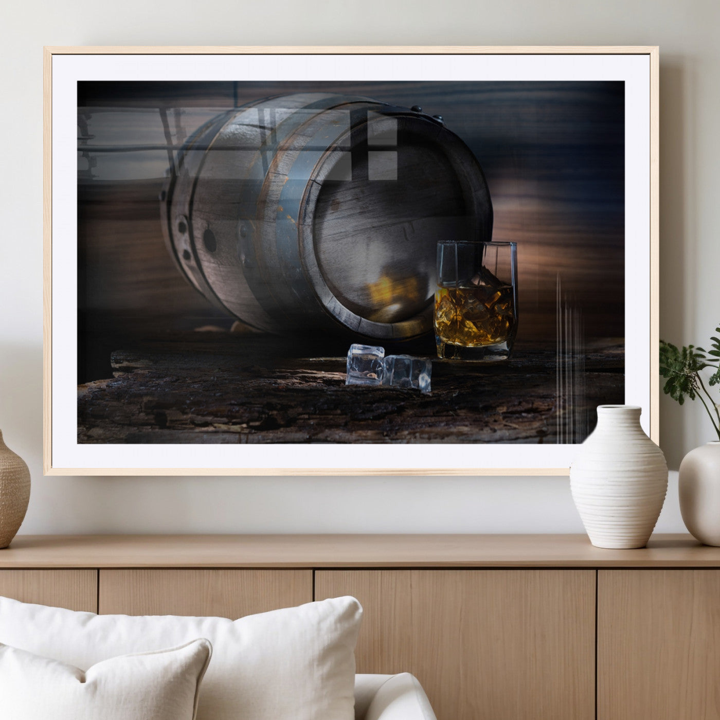 78049-MGV-CV-36X24-Whiskey Barrel Wall Art – Rustic Whiskey Barrel and Glass with Ice Canvas Print, Classic Bar or Lounge Decor for Home, Office, or