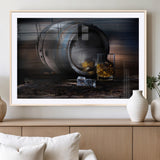 78049-MGV-CV-36X24-Whiskey Barrel Wall Art – Rustic Whiskey Barrel and Glass with Ice Canvas Print, Classic Bar or Lounge Decor for Home, Office, or