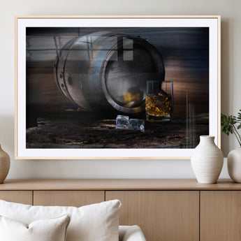 78049-MGV-CV-36X24-Whiskey Barrel Wall Art – Rustic Whiskey Barrel and Glass with Ice Canvas Print, Classic Bar or Lounge Decor for Home, Office, or