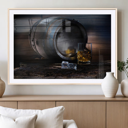 78049-MGV-CV-36X24-Whiskey Barrel Wall Art – Rustic Whiskey Barrel and Glass with Ice Canvas Print, Classic Bar or Lounge Decor for Home, Office, or