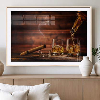 91042-MGV-CV-36X24-Whiskey & Cigar Wall Art – Elegant Whiskey Pour and Smoldering Cigar Canvas Print, Sophisticated Bar or Lounge Decor for Home,