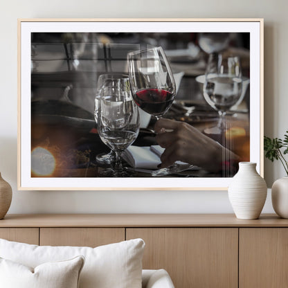 75513-MGC-FP-36x24_Natural-Elegant Wine Toast Wall Art – Close-Up Red Wine Glass at Dinner Table Canvas Print, Sophisticated Dining Room or Bar Decor