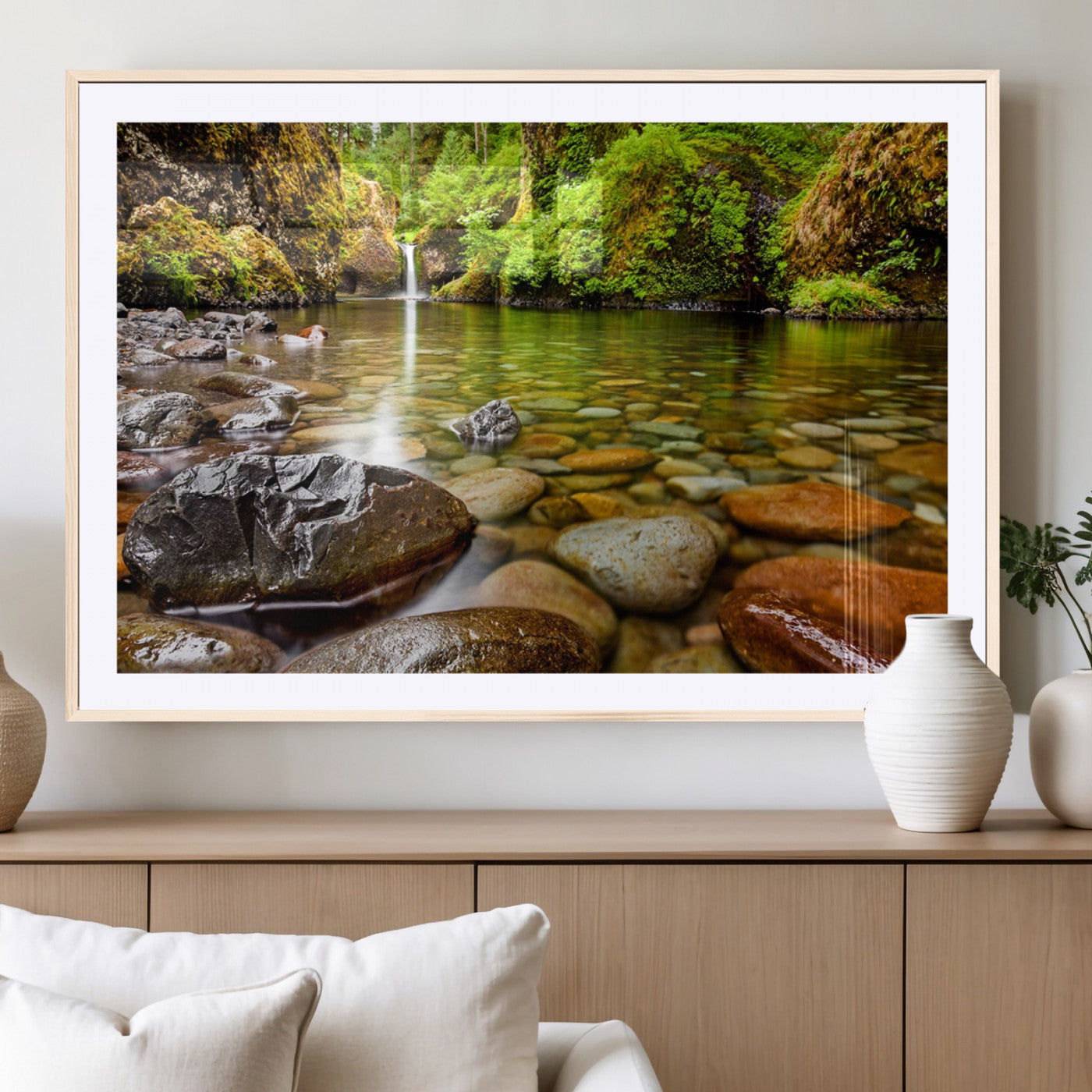 98096-MGV-CV-36X24-Serene River Waterfall Nature Photo – Calm Clear Water, Vibrant Green Forest and Smooth Stones Landscape Wall Art for Home or