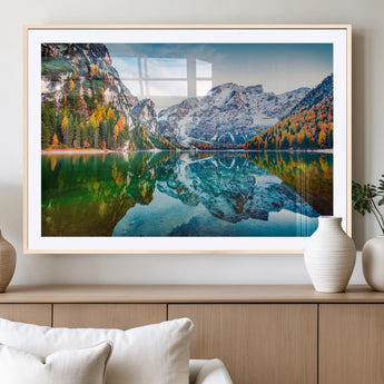 10402-MGV-CV-36X24-Snowy Mountain Lake Wall Art – Autumn Landscape Canvas Print with Reflection, Nature Decor for Living Room, Office, Bedroom or