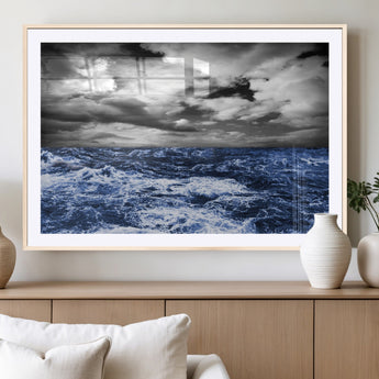 36012-MGV-CV-36X24-Dramatic Stormy Ocean Waves Black and White with Deep Blue Highlights – Moody Seascape Wall Art, Nature Photography Print for Home