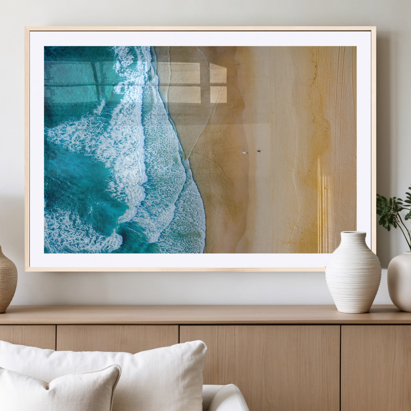 46640-MGV-CV-36X24-Aerial Beach Wall Art – Turquoise Waves and Golden Sand Canvas Print with Lone Surfer, Coastal Ocean Decor for Living Room,