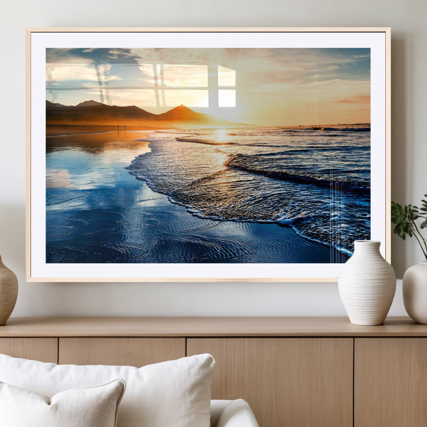 86173-MGV-CV-36X24-Golden Sunset Beach Wall Art – Reflective Ocean Canvas Print with Mountains and Waves, Coastal Nature Decor for Living Room,