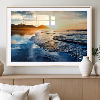 86173-MGV-CV-36X24-Golden Sunset Beach Wall Art – Reflective Ocean Canvas Print with Mountains and Waves, Coastal Nature Decor for Living Room,