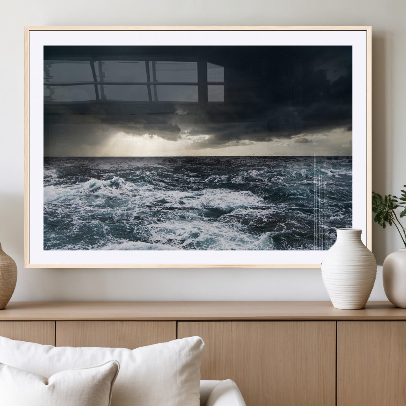 42607-MGV-CV-36X24-Stormy Ocean Wall Art – Dramatic Sea and Sky Canvas Print with Sun Rays, Moody Nature Decor for Living Room, Office, Bedroom or