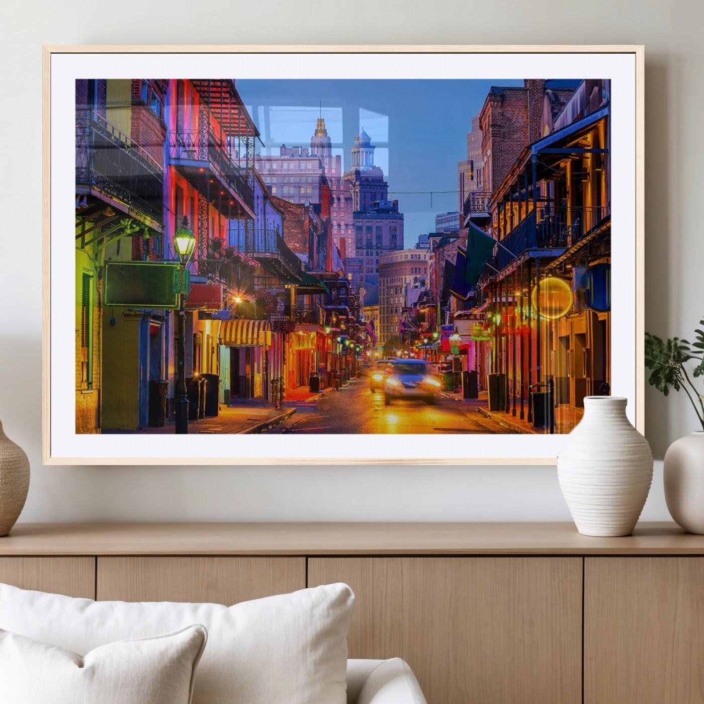 65050-MGC-FP-36x24_Natural-New Orleans Street Scene Wall Art – Colorful Nighttime Cityscape Canvas Print, Urban Decor for Living Room, Office or Bar