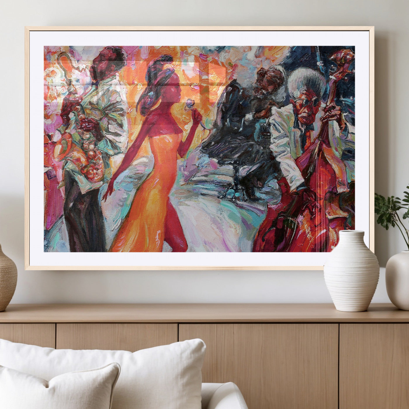 24452-MGV-CV-36X24-Vibrant Jazz Musician Painting - Expressive Art Print of Live Jazz Band, Perfect Wall Decor for Music Lovers and Art Enthusiasts