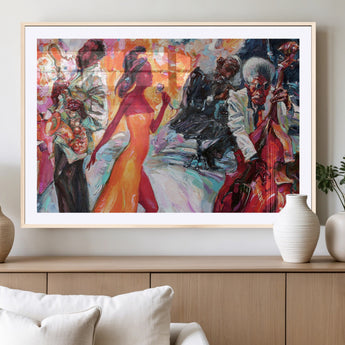 24452-MGV-CV-36X24-Vibrant Jazz Musician Painting - Expressive Art Print of Live Jazz Band, Perfect Wall Decor for Music Lovers and Art Enthusiasts