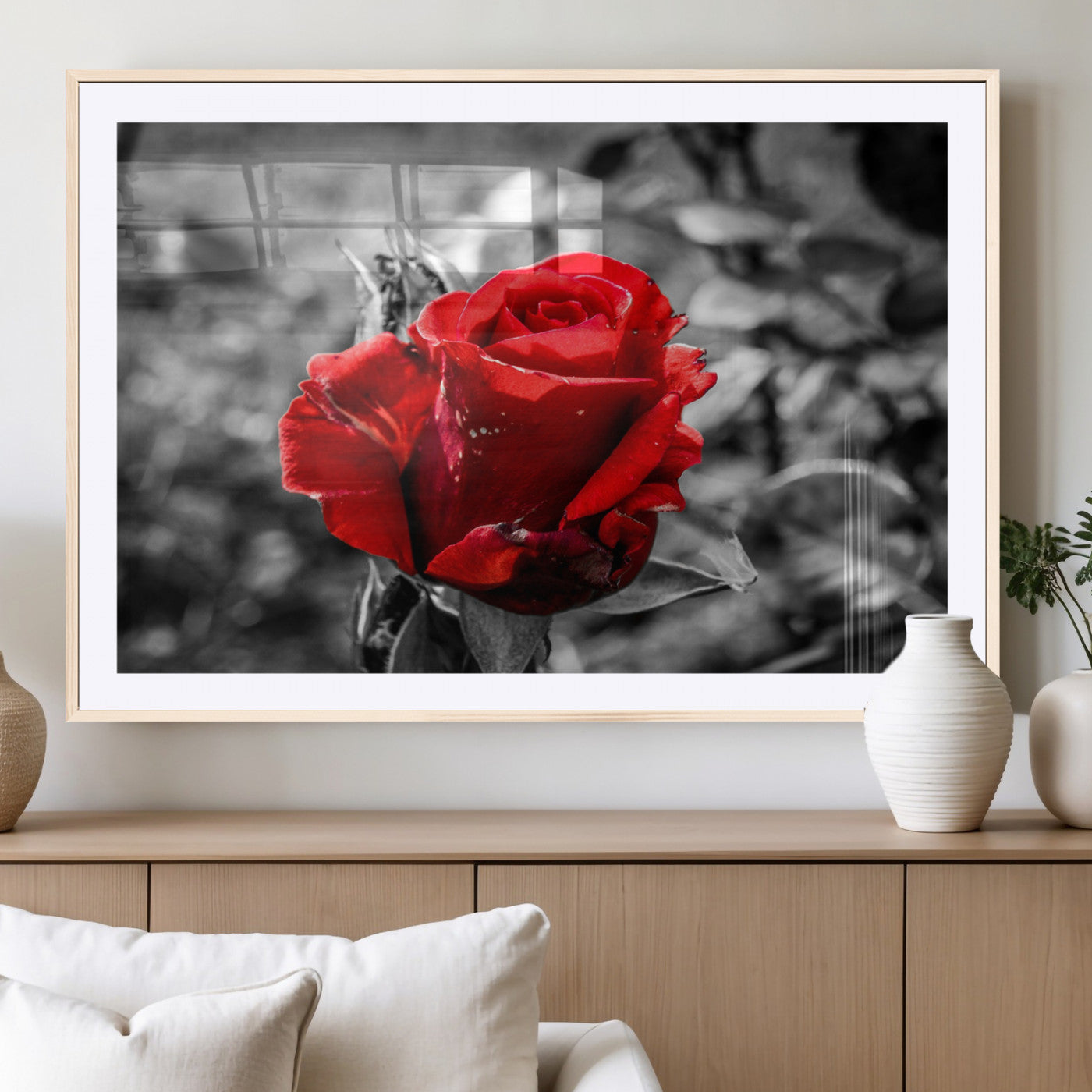 84671-MGV-CV-36X24-Red Rose Wall Art – Vibrant Single Bloom Canvas Print with Black and White Background, Elegant Floral Decor for Living Room,