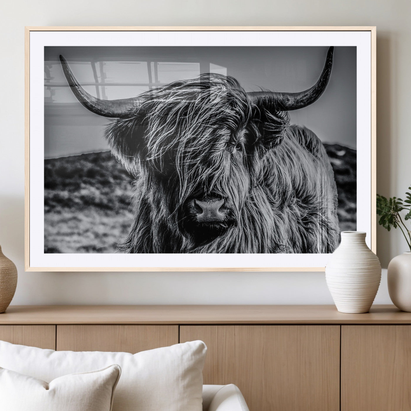 97372-MGV-CV-36X24-Elegant Highland Cow Wall Art – Black and White Canvas Print, Rustic Nature Decor for Home, Office, Living Room or Man Cave