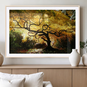 19067-MGC-FP-36x24_Natural-Golden Canopy Wall Art – Panoramic Autumn Tree Canvas Print, Warm Seasonal Decor for Living Room, Office or Garden Space