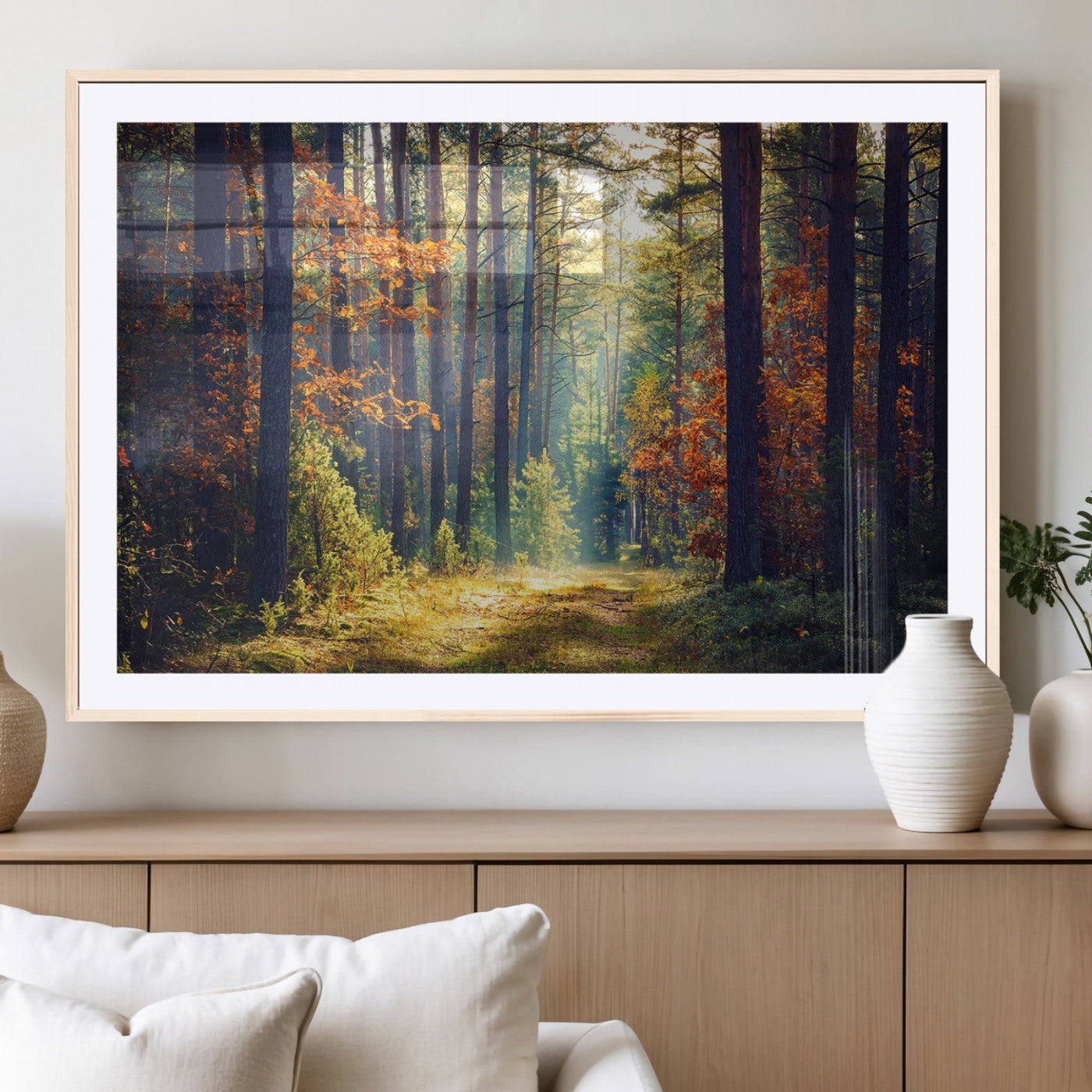 86249-MGV-CV-36X24-Sunlit Autumn Forest Path Wall Art – Peaceful Nature Scene with Fall Foliage, Calming Woods Decor for Home or Office