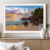 43209-MGV-CV-36X24-Tropical Beach Sunset Wall Art – Golden Ocean Waves and Palm Trees with Rocky Shore Canvas Print, Coastal Seascape Decor for