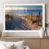 31889-MGC-FP-36x24_Natural-Sandy Beach Pathway Wall Art – Coastal Dune Fence and Ocean View Canvas Print, Relaxing Seaside Landscape Decor for Living Room or