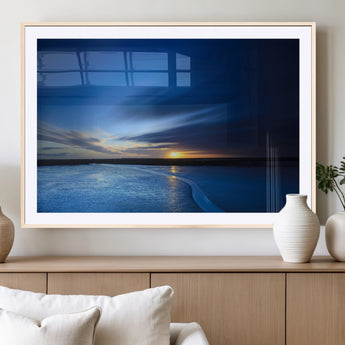 65405-MGC-FP-36x24_Natural-Blue Sunrise Seascape Wall Art – Tranquil Ocean Horizon Canvas Print with Golden Sunlight and Deep Sky, Coastal Landscape Decor