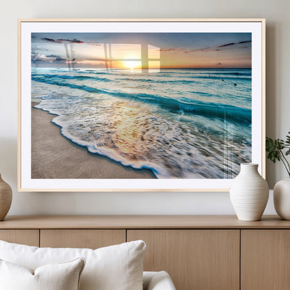 27815-MGV-CV-36X24-Ocean Sunrise Beach Wall Art – Serene Coastal Canvas Print with Waves and Golden Morning Light, Relaxing Seascape Decor for