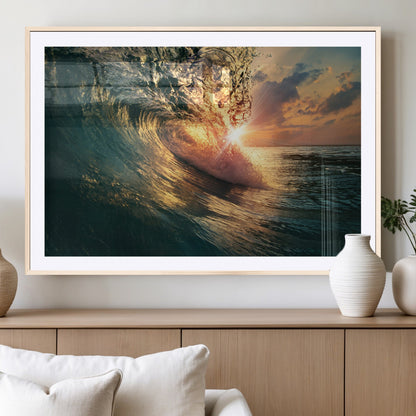 55359-MGC-FP-36x24_Natural-Radiant Ocean Wave Wall Art – Panoramic Surf Canvas Print, Vibrant Sunset Beach Decor for Home, Office or Man Cave