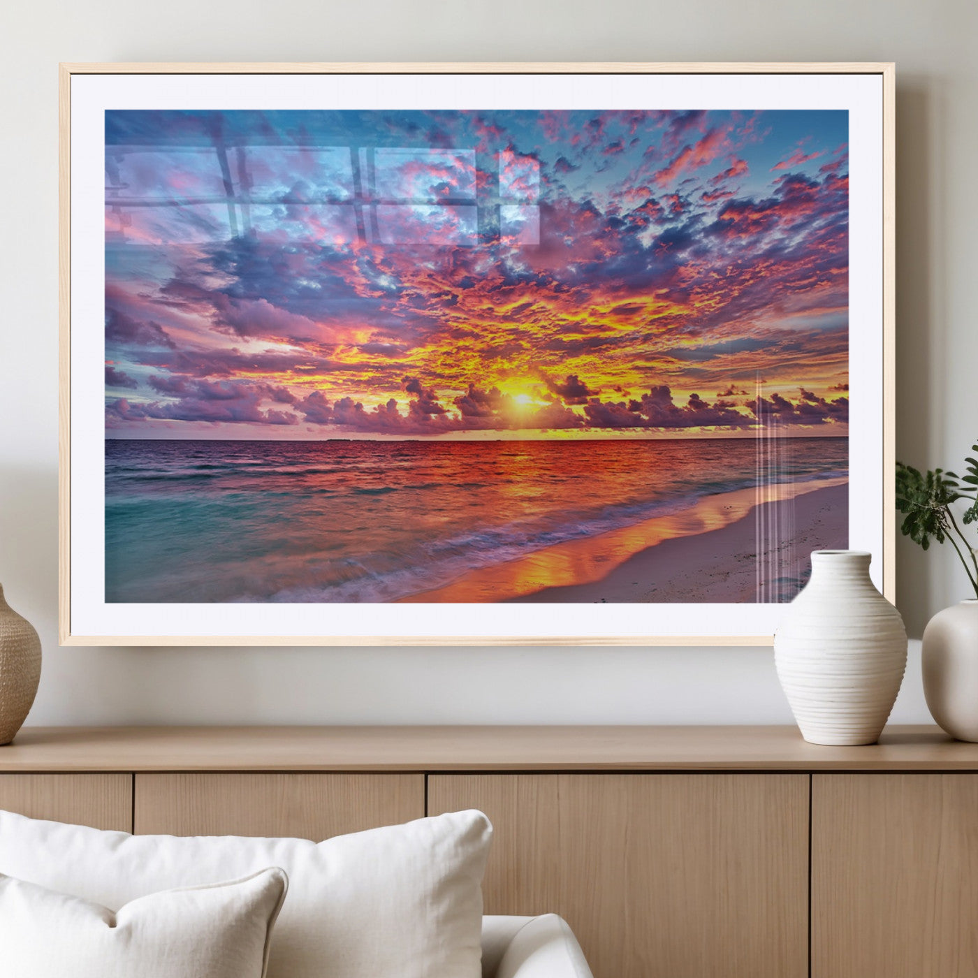 72836-MGC-FP-36x24_Natural-Fiery Sunset Beach Wall Art – Panoramic Vibrant Ocean Canvas Print, Dramatic Coastal Decor for Living Room, Bedroom or Office