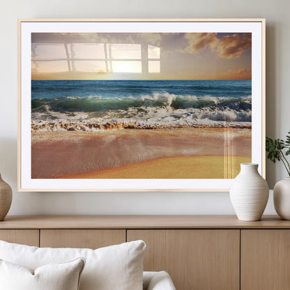 79005-MGC-FP-36x24_Natural-Golden Sunrise Ocean Waves Wall Art – Panoramic Seashore Canvas Print, Calming Coastal Decor for Home, Office or Relaxation Space