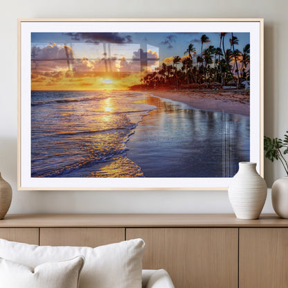 19917-MGC-FP-36x24_Natural-Tropical Sunset Beach Wall Art – Panoramic Palm Trees and Ocean Canvas Print, Vibrant Coastal Decor for Living Room, Office or Man