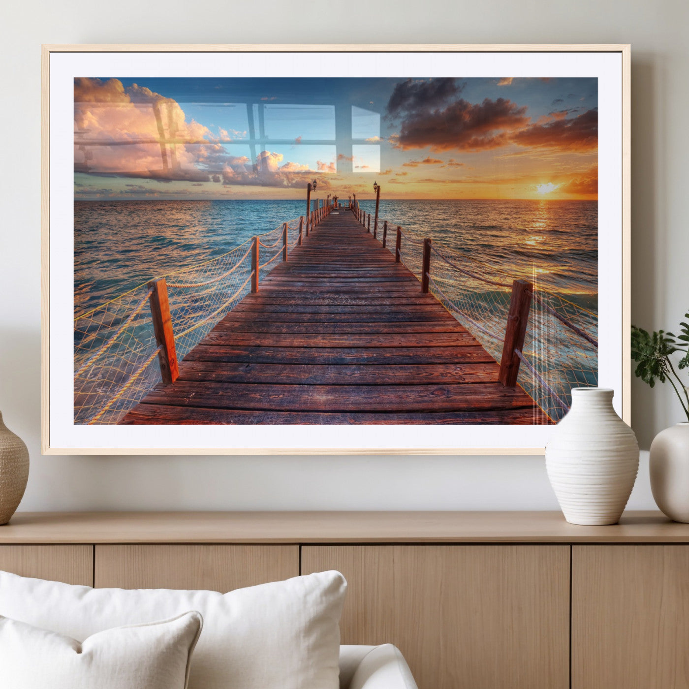 28836-MGC-FP-36x24_Natural-Ocean Pier Sunset Wall Art – Wooden Dock and Golden Horizon Canvas Print, Coastal Seascape Photography for Living Room, Bedroom,
