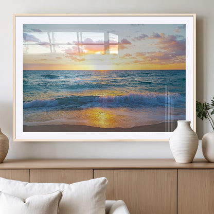 78006-MGC-FP-36x24_Natural-Golden Sunrise Ocean Wall Art – Panoramic Beach Waves Canvas Print, Coastal Seascape Artwork for Living Room, Bedroom, Office, or