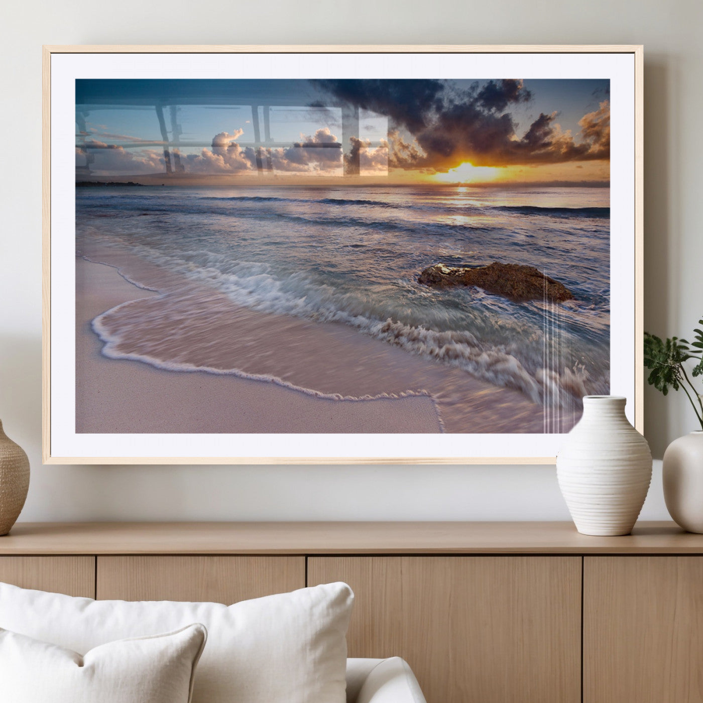 94906-MGC-FP-36x24_Natural-Sunrise Beach Wall Art – Panoramic Ocean Waves Canvas Print, Coastal Sunset Seascape Artwork for Living Room, Bedroom, or Office