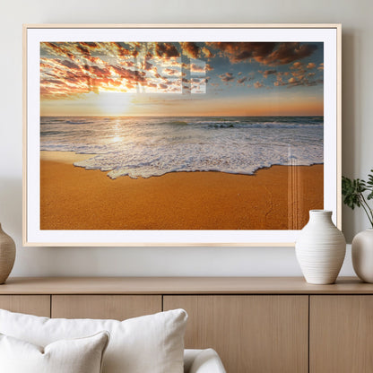 15399-MGC-FP-36x24_Natural-Golden Sunrise Beach Wall Art – Ocean Waves on Sandy Shore Canvas Print, Coastal Seascape Decor for Living Room or Bedroom