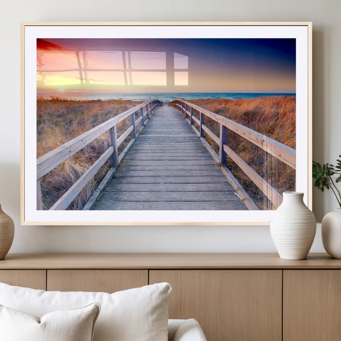 60625-MGC-FP-36x24_Natural-Beach Boardwalk Sunrise Wall Art – Coastal Pathway to Ocean Canvas Print, Seaside Landscape Decor for Home or Office