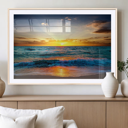 50627-MGC-FP-36x24_Natural-Ocean Sunset Wall Art – Serene Beach Canvas Print with Waves and Golden Sky, Coastal Decor for Living Room or Office