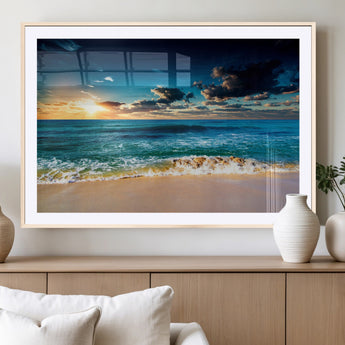 88985-MGC-FP-36x24_Natural-Ocean Sunset Wall Art – Tranquil Beach Waves Canvas Print, Coastal Seascape Decor for Living Room or Office