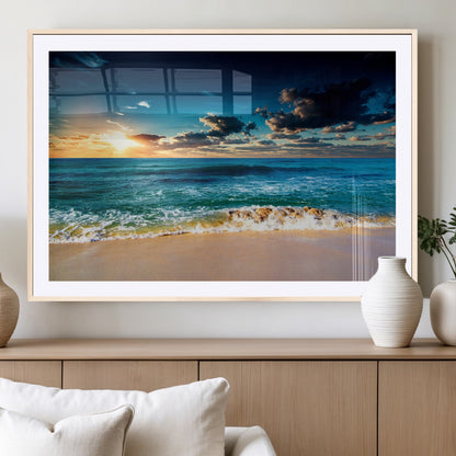 88985-MGC-FP-36x24_Natural-Ocean Sunset Wall Art – Tranquil Beach Waves Canvas Print, Coastal Seascape Decor for Living Room or Office