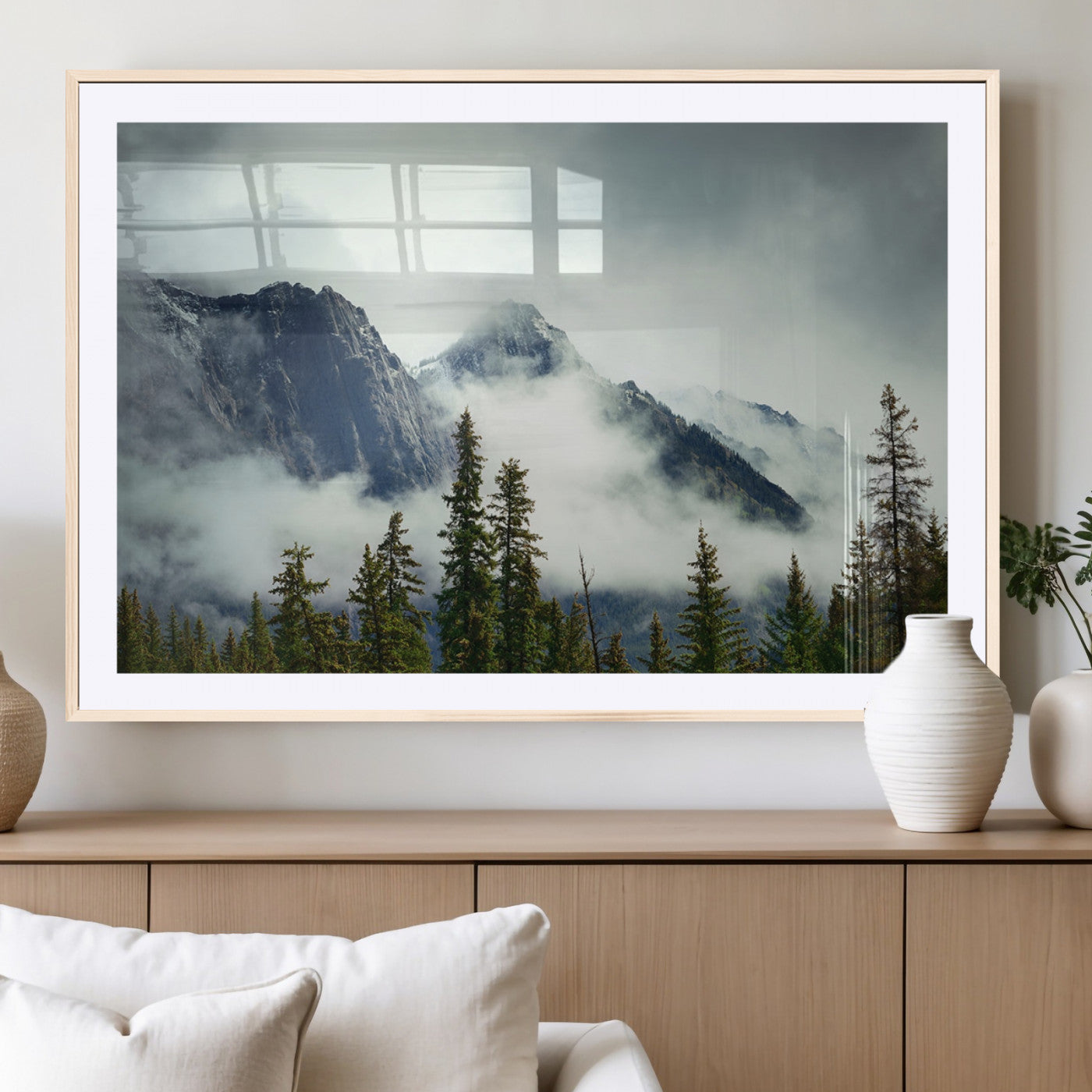 93219-MGC-FP-36x24_Natural-Misty Mountain Wall Art – Foggy Pines and Rocky Peaks Canvas Print, Nature Landscape Decor for Living Room, Office or Bedroom